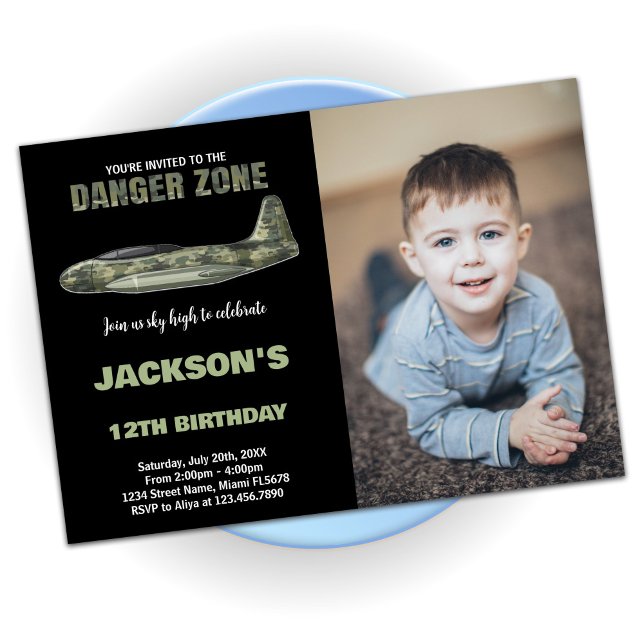 Fighter Jet Invitations Anniversaire Noir avec pho (Fighter Jet Birthday Invitations Black with photo)