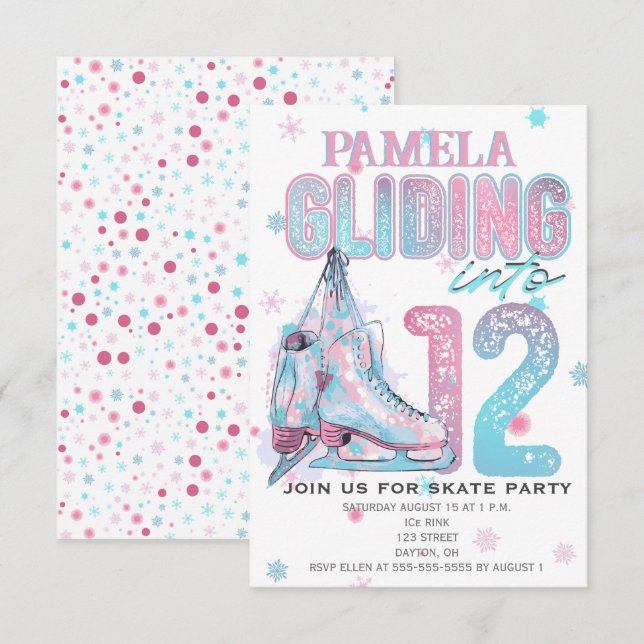 Figure Patinage 12e invitation de fête d'anniversa (Devant / Derrière)