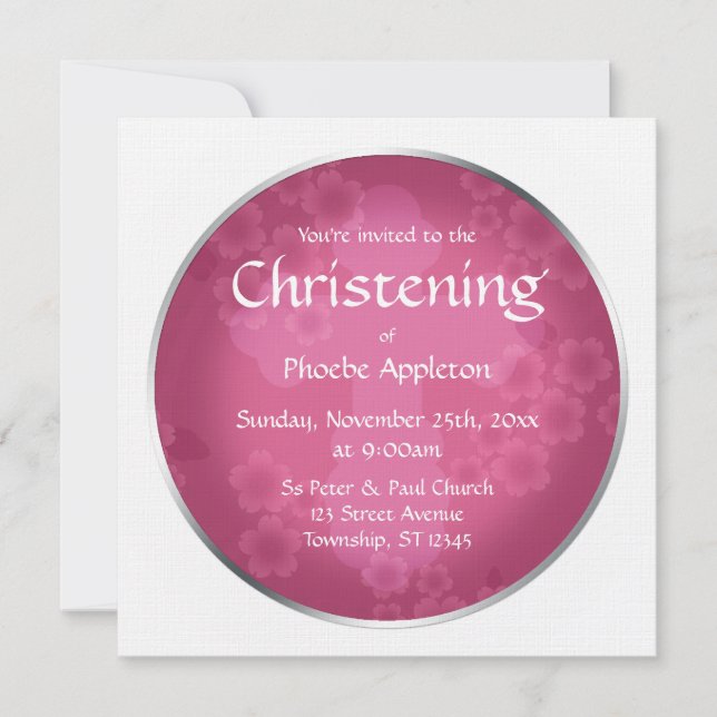 Filiale florale Fuchsia Christening Invitations (Devant)