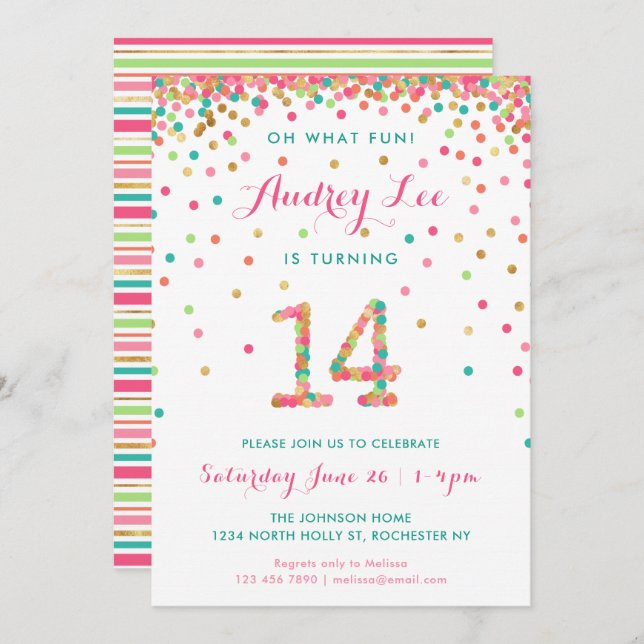 Fille 14e anniversaire Invitation quatorzième anni (Devant / Derrière)