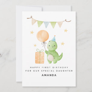 Fille 1er Anniversaire Carte Aquarelle Dinosaur