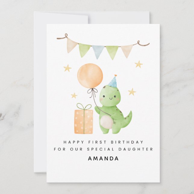 Fille 1er Anniversaire Carte Aquarelle Dinosaur (Devant)