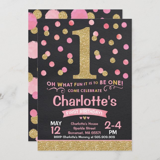 Fille 1er Anniversaire Invitation Pink & Gold Conf (Devant / Derrière)