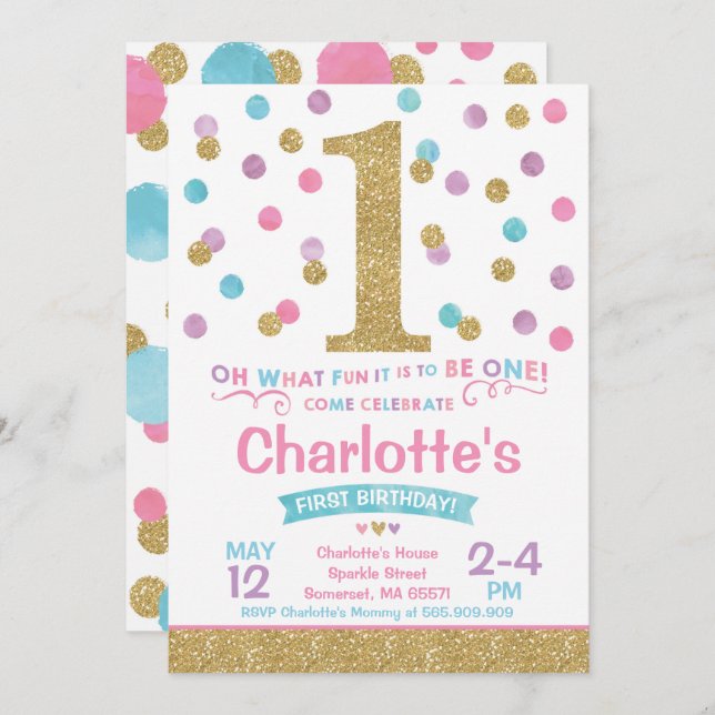 Fille 1er Anniversaire Invitation Pink & Gold Conf (Devant / Derrière)