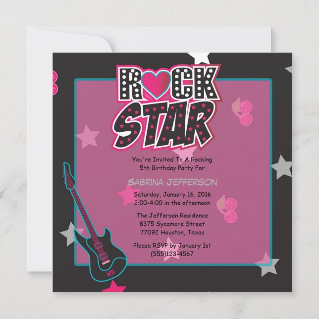 Fille 5x5 Rose Rock Star Invitation de fête d'anni (Devant)