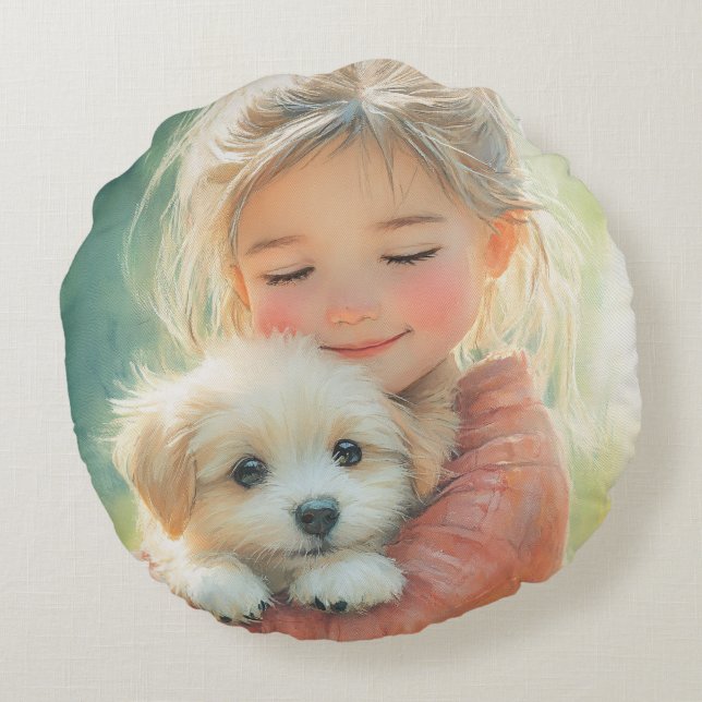Fille à l'aquarelle douce et Coussin de chiot (Dos)