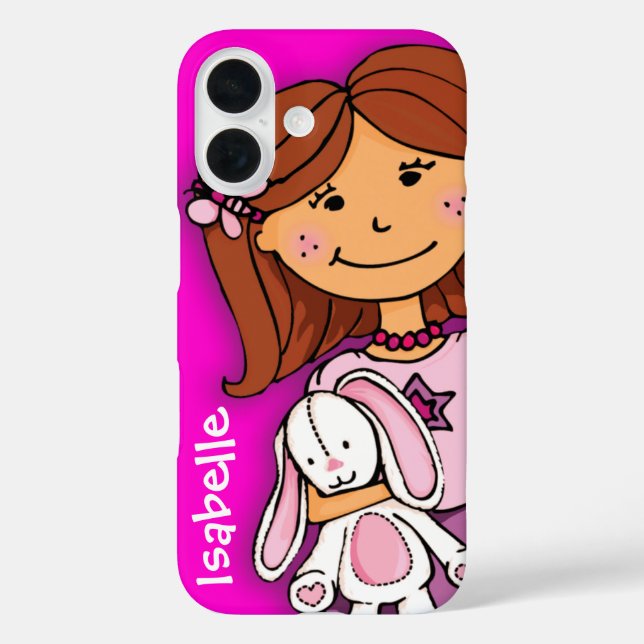 Fille accrochant un coque de nom rose lapin blanc (Verso)