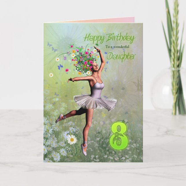 Fille âge 8, fleur carte d'anniversaire fée (Devant)