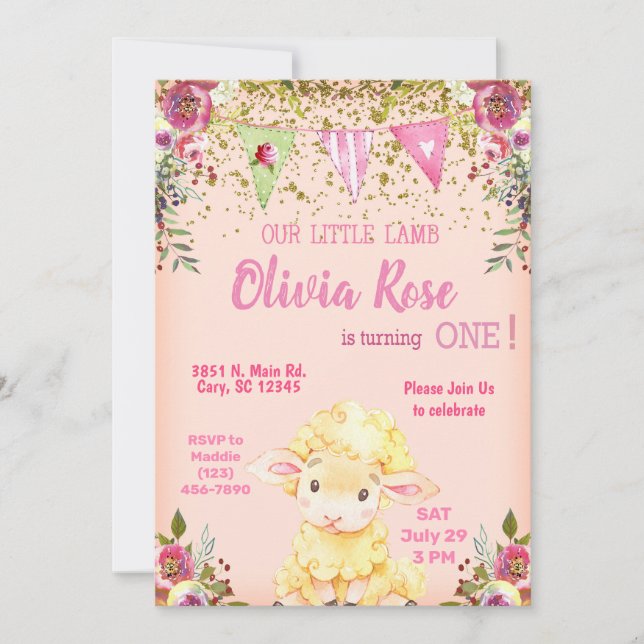 Fille agneau rose 1er invitation de premier annive (Devant)