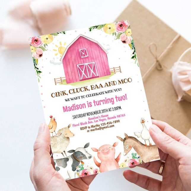 Fille Animaux de la Ferme Rose Invitation Annivers (Créateur téléchargé)