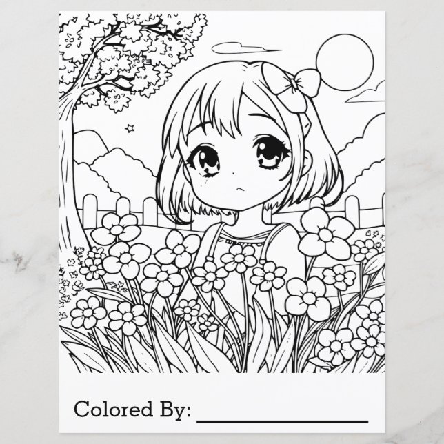 Fille Anime avec fleurs | Page Couleur (Devant)