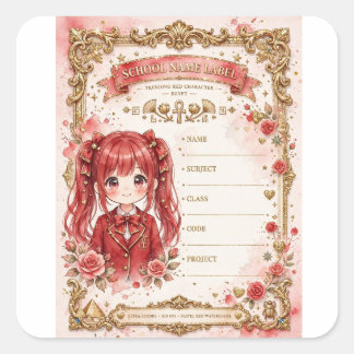 Fille Anime Cheveux Rouges Étiquette Scolaire