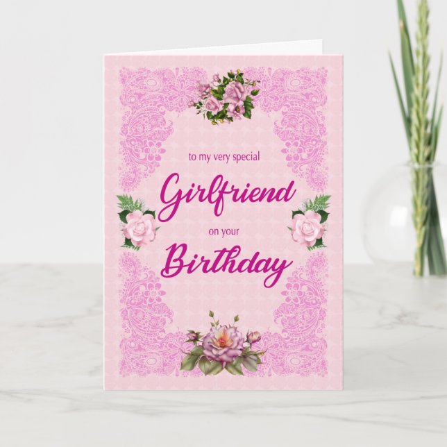 Fille Anniversaire avec carte rose Roses (Devant)