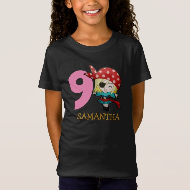 FILLE Anniversaire Pirate 9ème Nom T-shirt (Devant)