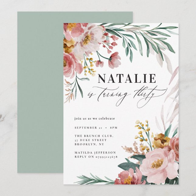 Fille aquarelle florale 30e anniversaire rose vert (Devant / Derrière)
