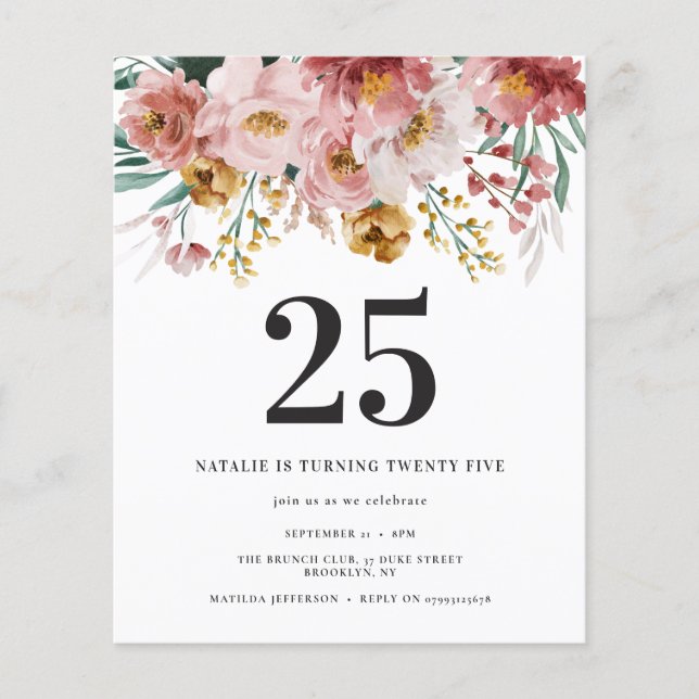 Fille aquarelle florale éditable âge anniversaire (Devant)