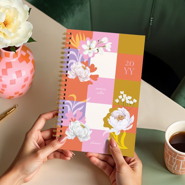 Fille Aquarelle Peony Florals Retro À damiers (Girly Watercolor Peony Florals Retro Checkered Planner)