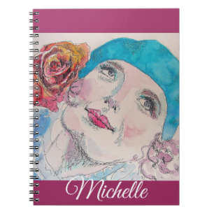 Fille aquarelle rose rouge carnet rose plumée Fill