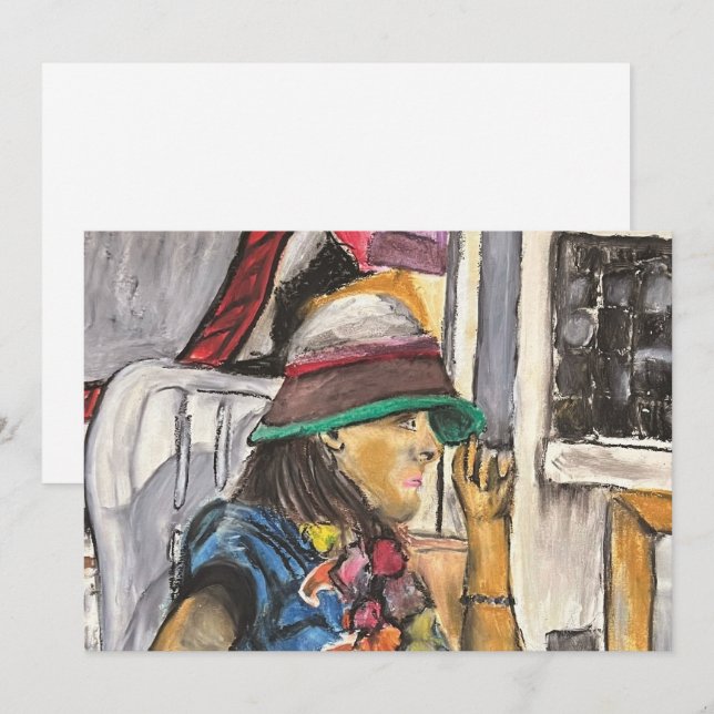 Fille au chapeau vif carte de vacances plate (Devant / Derrière)