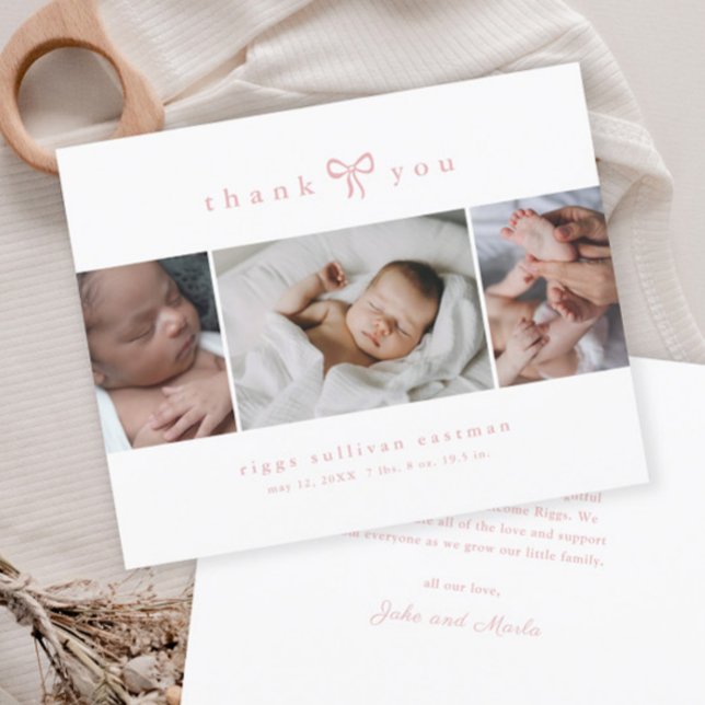 Fille au noeud simple Photo Collage Bébé (Simple bow baby girl photo thank you cards.)