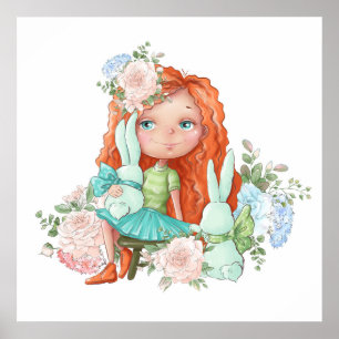 Fille aux cheveux roux avec affiche de fleurs de l
