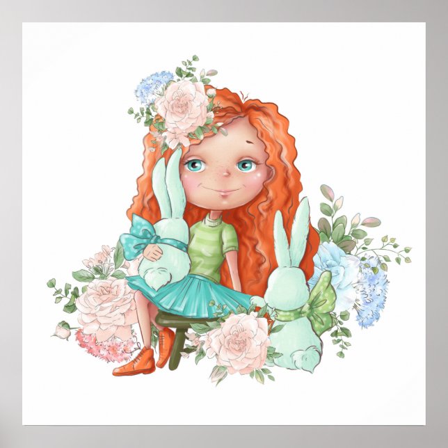 Fille aux cheveux roux avec affiche de fleurs de l (Devant)