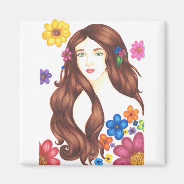 Fille aux fleurs - Aimant carré de 2 pouces (Devant)