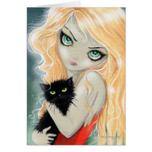 Fille aux grands yeux avec carte de chat noir