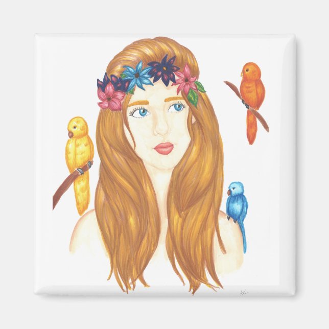 Fille aux oiseaux - Aimant carré de 2 pouces (Devant)