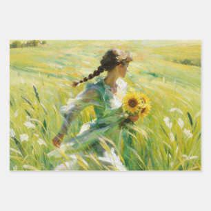 Fille aux tournesols dans un champ en été Papier d