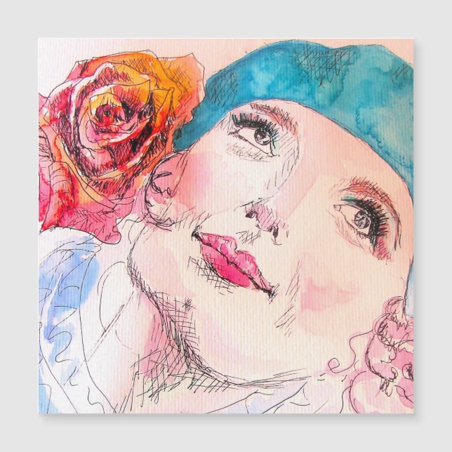 Fille avec Béret Rose Rouge Aquarelle Carte magnét (Devant)