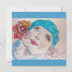 Fille avec Béret Rose Rouge Aquarelle Carte magnét