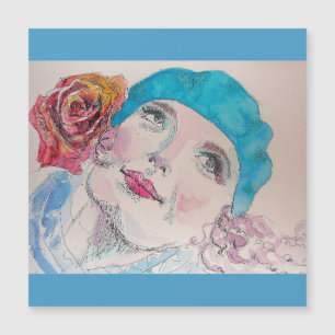 Fille avec Béret Rose Rouge Aquarelle Carte magnét