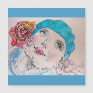 Fille avec Béret Rose Rouge Aquarelle Carte magnét