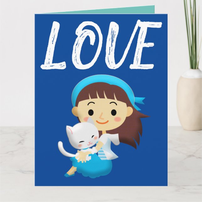 FILLE AVEC CHAT AMOUR ANNIVERSAIRE GRANDES CARTES (Devant)