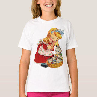Fille avec chatons chat rétro mignonne T-shirt fil