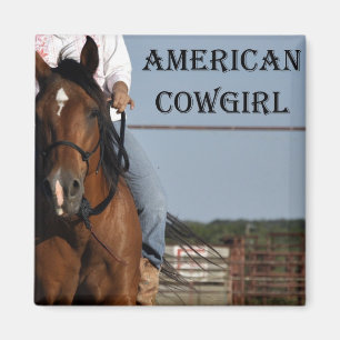 Fille Avec Cheval "American Cowgirl" Magnet Carré.