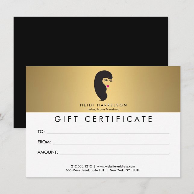 Fille avec Cils Faux Or Certificat-Cadeau (Devant / Derrière)