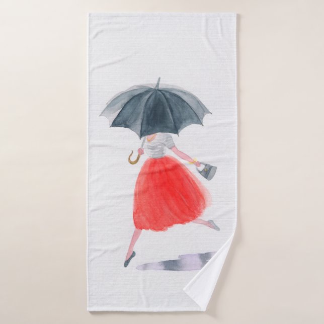 Fille avec parapluie sous la pluie. illustration d (Serviette de bain)