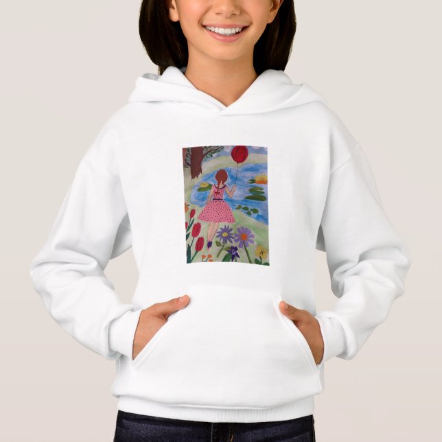 Fille avec Sweat - shirt à capuche de ballon rouge (Devant)