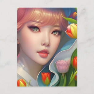 Fille avec tulipes, carte postale pour le post-cro