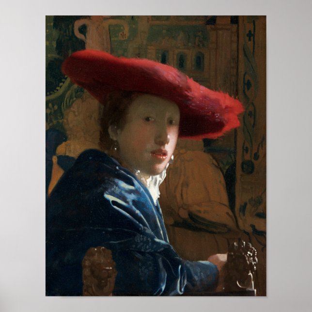 Fille avec un Casquette rouge par Vermeer - Poster (Devant)