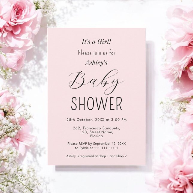 Fille Baby shower Blush rose Élégant Invitation (Créateur téléchargé)