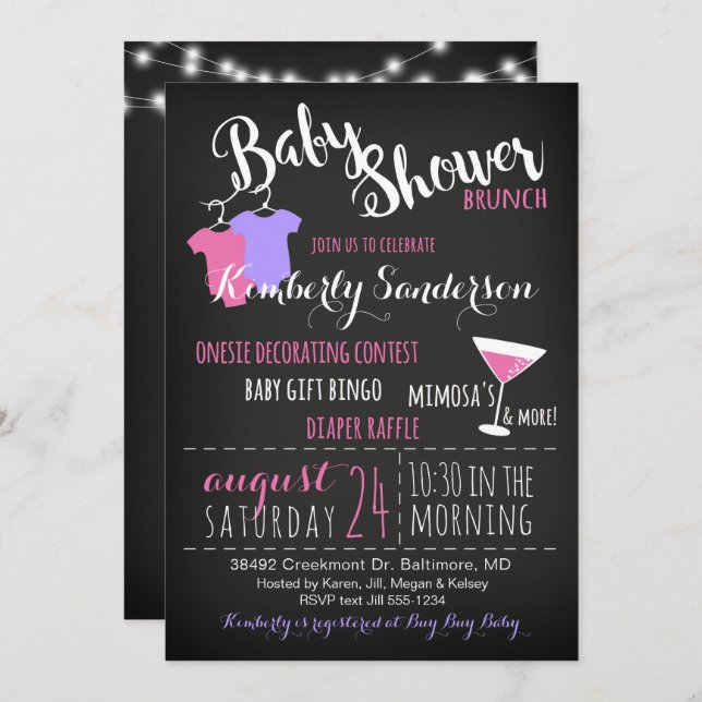 Fille Baby shower Brunch Fun Invitation Moderne (Devant / Derrière)