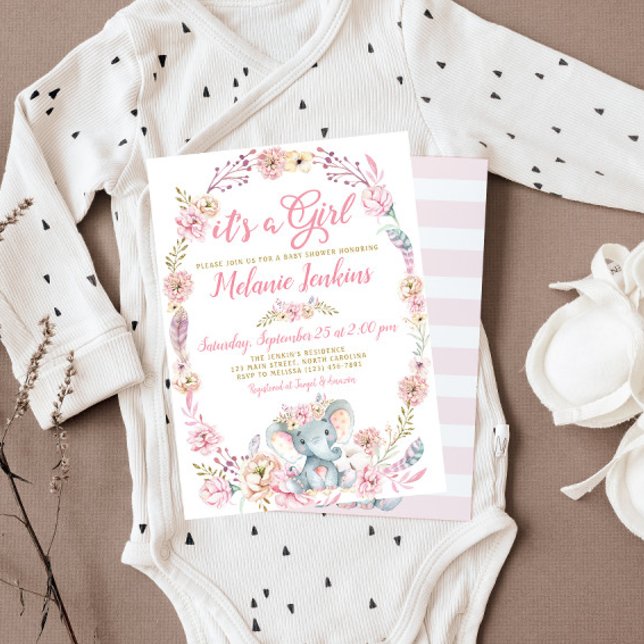 Fille Baby shower éléphant Invitation florale (Créateur téléchargé)