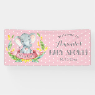 Fille Baby shower éléphant rose et gris bannière