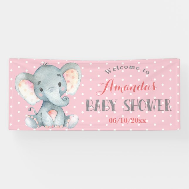Fille Baby shower éléphant rose et gris bannière (Horizontal)