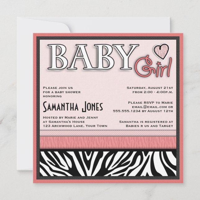 Fille Baby shower Invitation rose Zebra (Devant)