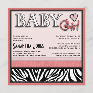 Fille Baby shower Invitation rose Zebra