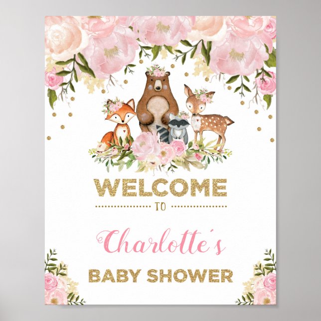 Fille Baby shower Woodland rose Affiche de bienven (Devant)